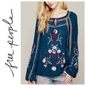 Free People Tiger Lily Peasant Blouse Small Teal Blue 🦚